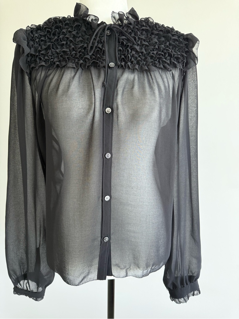 Wilfred Sheer Black Ruffle-Yoke Button-Down Blouse - like new